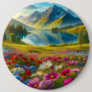 Kleurrijke lente / bloemenbergmeer ronde button 6,0 cm