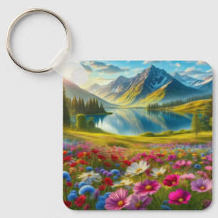 Kleurrijke lente / bloemenbergmeer sleutelhanger