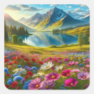 Kleurrijke lente / bloemenbergmeer vierkante sticker