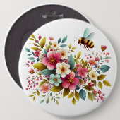 Kleurrijke, lente/bloemenbij ronde button 6,0 cm (Voorkant /achterkant)