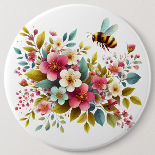 Kleurrijke, lente/bloemenbij ronde button 6,0 cm