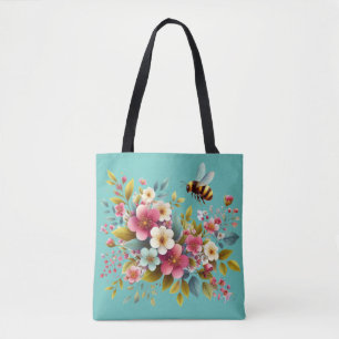 Kleurrijke, lente/bloemenbij tote bag