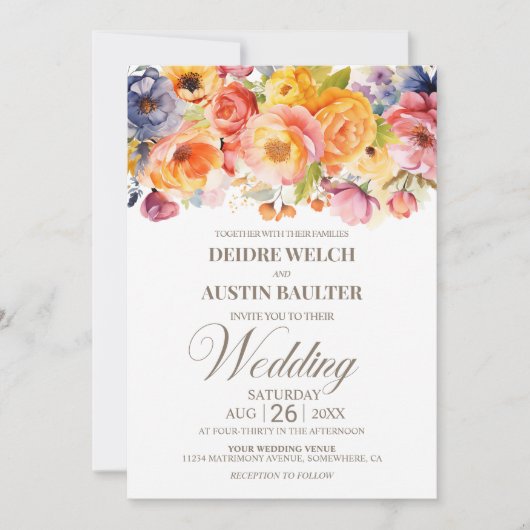 Kleurrijke lente bloemenbruiloft kaart (Voorkant)