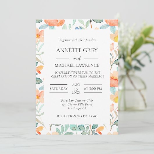 Kleurrijke lente bloemenbruiloft uitnodiging (Staand voorkant)