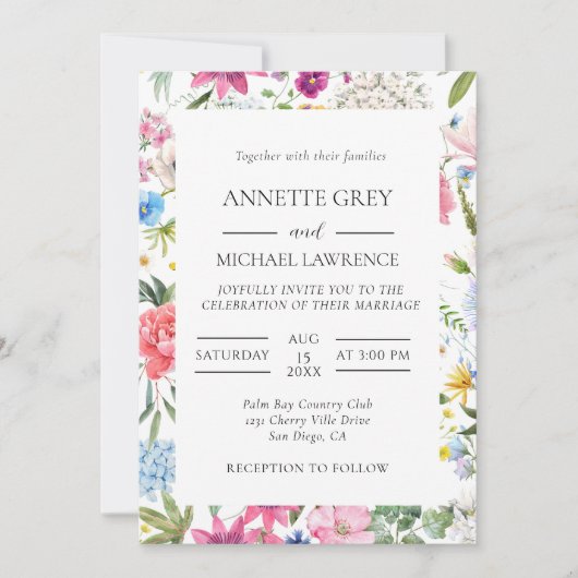 Kleurrijke lente bloemenbruiloft uitnodiging (Voorkant)