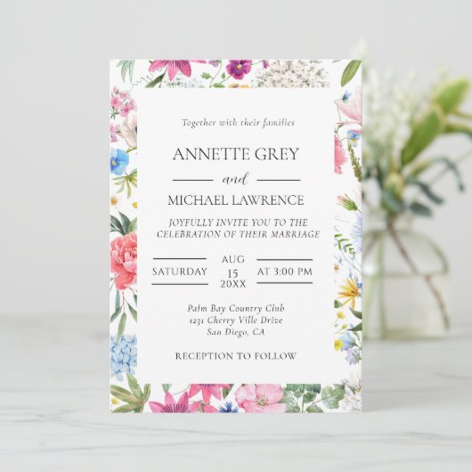 Kleurrijke lente bloemenbruiloft uitnodiging (Staand voorkant)