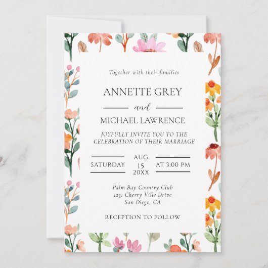 Kleurrijke lente bloemenbruiloft uitnodiging (Voorkant)