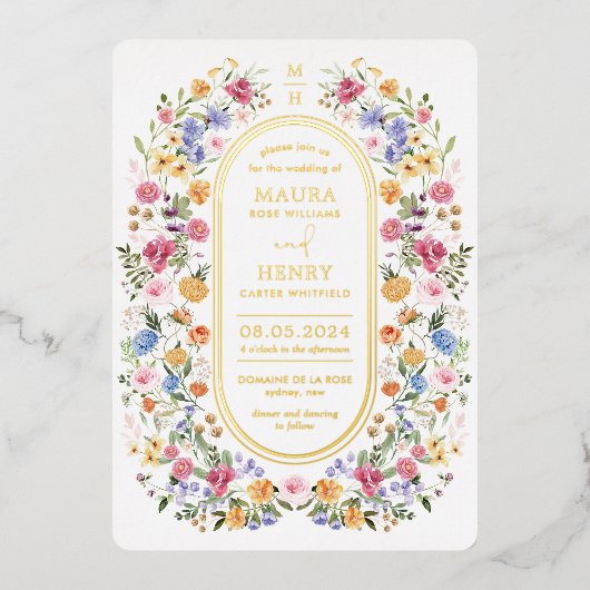 Kleurrijke Lente Bloemenweide Tuin Bruiloft Folie Uitnodiging (Voorkant)