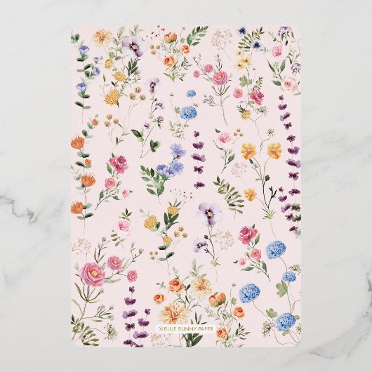 Kleurrijke Lente Bloemenweide Tuin Bruiloft Folie Uitnodiging (Achterkant)