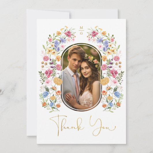 Kleurrijke lente tuin bloemen bruiloft foto bedankkaart (Voorkant)