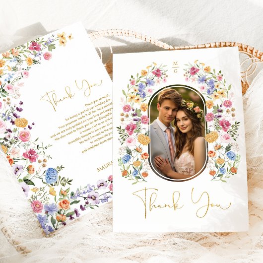 Kleurrijke lente tuin bloemen bruiloft foto bedankkaart