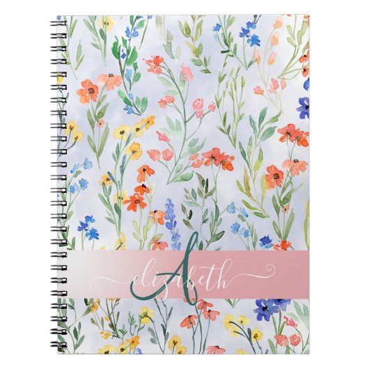 Kleurrijke lente weide met wilde bloemen monogram notitieboek (Voorkant)