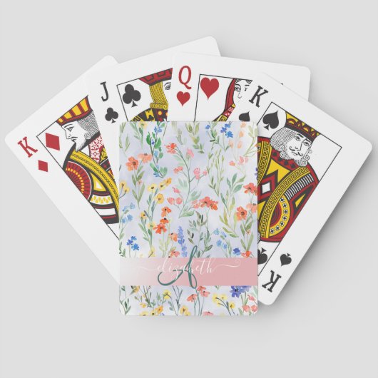 Kleurrijke lente weide met wilde bloemen monogram  pokerkaarten (Achterkant)
