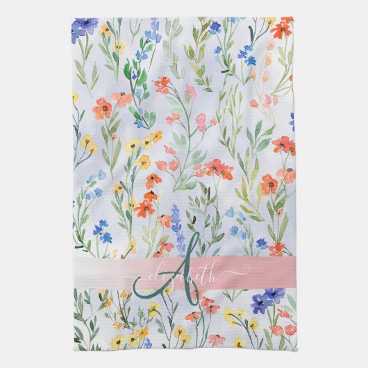 Kleurrijke lente weide met wilde bloemen monogram theedoek (Verticaal)