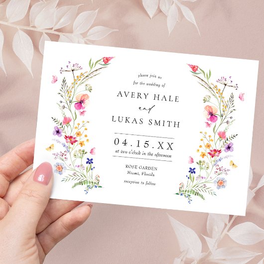 Kleurrijke Lente Wildbloemen Bruiloft Kaart