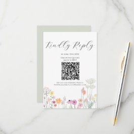 Kleurrijke lente wilde bloem beige QR-code RSVP Kaartje