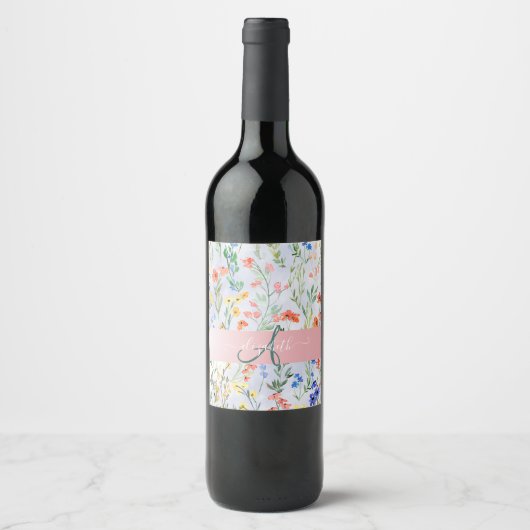 Kleurrijke Lente Wilde Bloemen Weide Monogram Wijn Etiket (Voorkant)