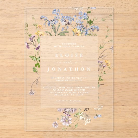 Kleurrijke lente Wildflower beemdweide Garden Wedd Acryl Uitnodigingen (Voorkant)