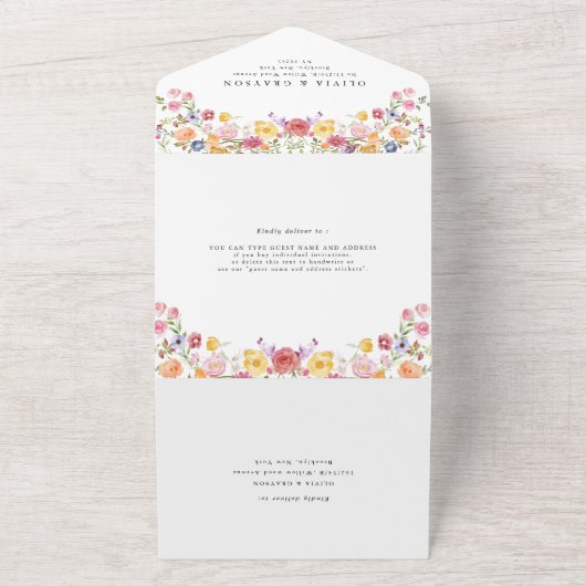 Kleurrijke lente Wildflower beemdweide Garden Wedd All In One Uitnodiging (Buitenkant)