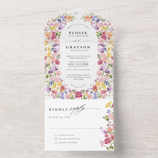 Kleurrijke lente Wildflower beemdweide Garden Wedd All In One Uitnodiging (Binnen)