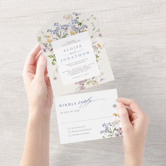 Kleurrijke lente Wildflower beemdweide Garden Wedd All In One Uitnodiging (Afscheurbaar)