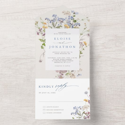 Kleurrijke lente Wildflower beemdweide Garden Wedd All In One Uitnodiging (Binnen)