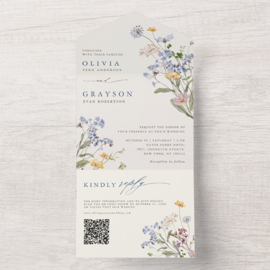 Kleurrijke lente Wildflower beemdweide Garden Wedd All In One Uitnodiging (Binnen)