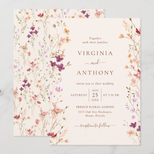 Kleurrijke lente Wildflower beemdweide Garden Wedd Kaart (Voorkant / Achterkant)