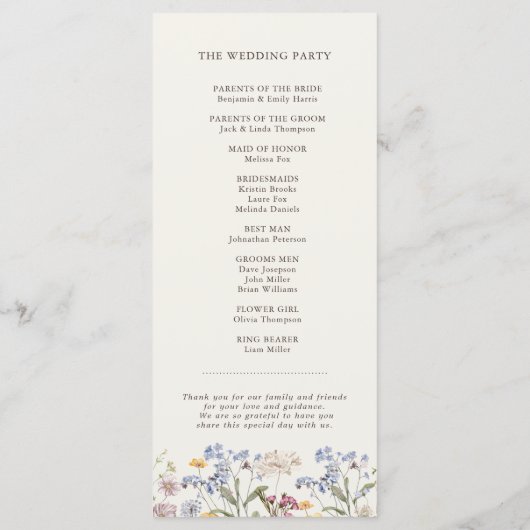 Kleurrijke lente Wildflower beemdweide Garden Wedd Programmakaart (Achterkant)