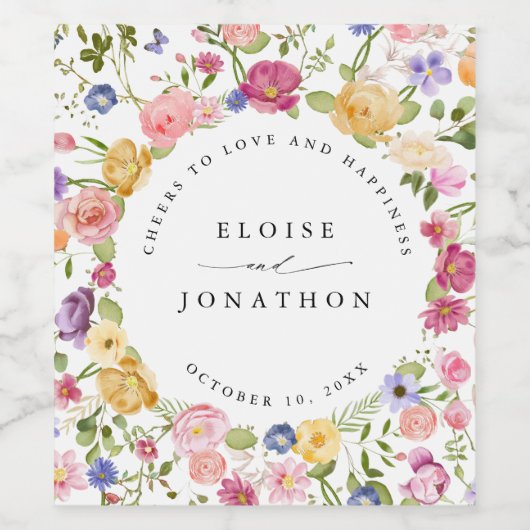 Kleurrijke lente Wildflower beemdweide Garden Wedd Wijn Etiket (Enkel label)