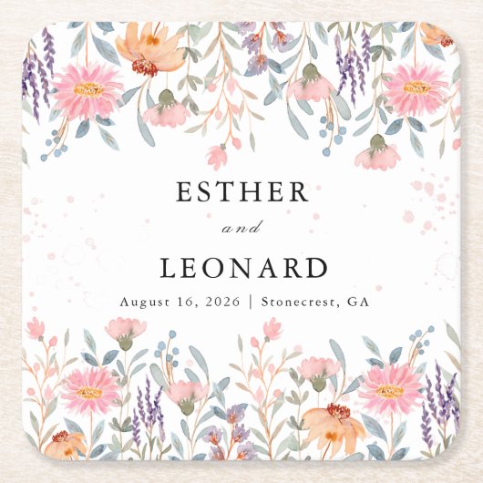 Kleurrijke lente Wildflower bruiloft Kartonnen Onderzetters (Voorkant)