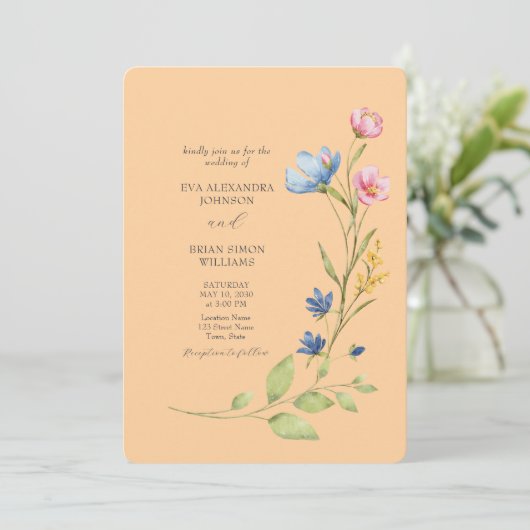 Kleurrijke lente Wildflower bruiloft uitnodiging (Staand voorkant)