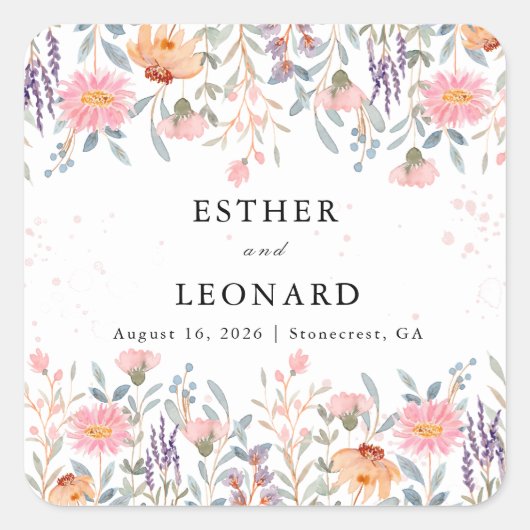 Kleurrijke lente Wildflower bruiloft Vierkante Sticker (Voorkant)