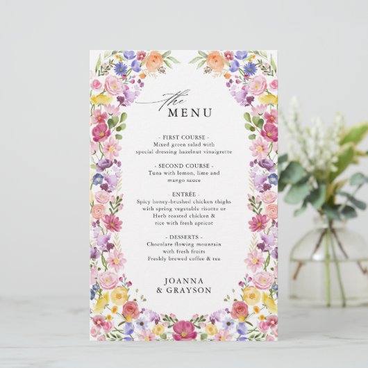 Kleurrijke lente Wildflower Meadow Bruiloft Menu (Staand voorkant)
