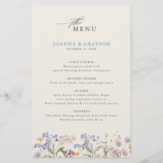 Kleurrijke lente Wildflower Meadow Bruiloft Menu (Voorkant)