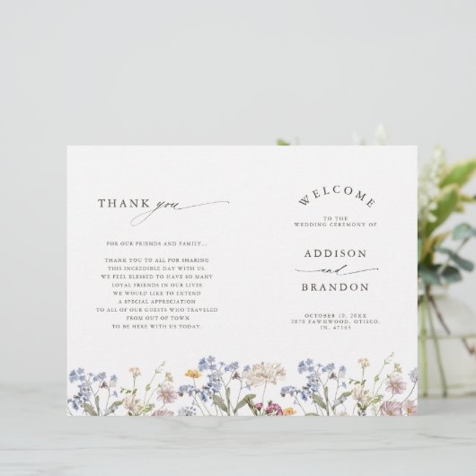 Kleurrijke lente Wildflower Meadow Bruiloft Progra (Staand voorkant)