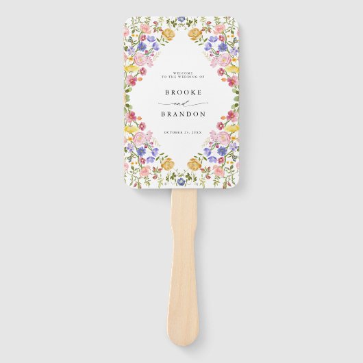 Kleurrijke lente Wildflower Meadow bruiloft tijdli Handwaaier (Voorkant)