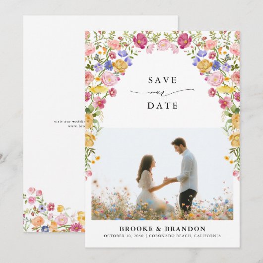 Kleurrijke lente Wildflower Meadow Garden Wedding  Save The Date (Voorkant / Achterkant)