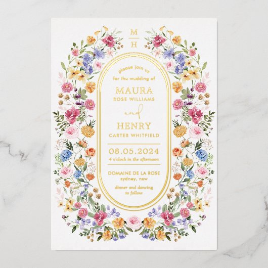 Kleurrijke Lente Wildflower Tuin QR Code Bruiloft Folie Uitnodiging (Voorkant)