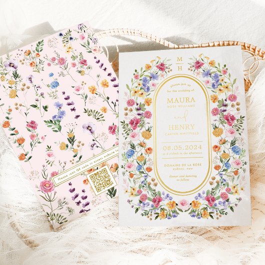 Kleurrijke Lente Wildflower Tuin QR Code Bruiloft Folie Uitnodiging