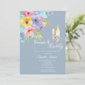 Kleurrijke lentebloemen Dusty Blue Brunch & Bubbly Kaart (Staand voorkant)