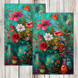 KLEURRIJKE LENTEBLOEMEN IN VAAS DECOUPAGE TISSUEPAPIER