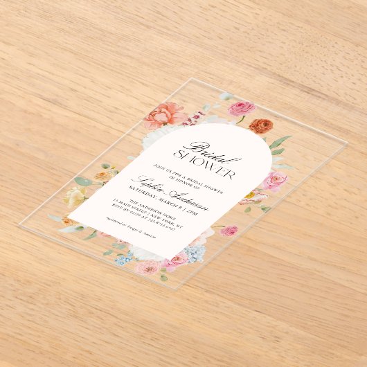 Kleurrijke lentebloemen kalligrafie Vrijgezellenfe Acryl Uitnodigingen (Laagn)