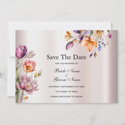 Kleurrijke lentebloemen slaan de datum op save the date (Voorkant)