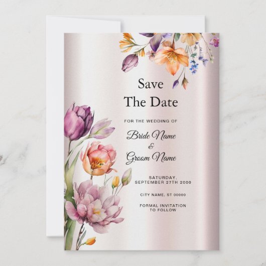 Kleurrijke lentebloemen slaan de datum op save the date (Voorkant)
