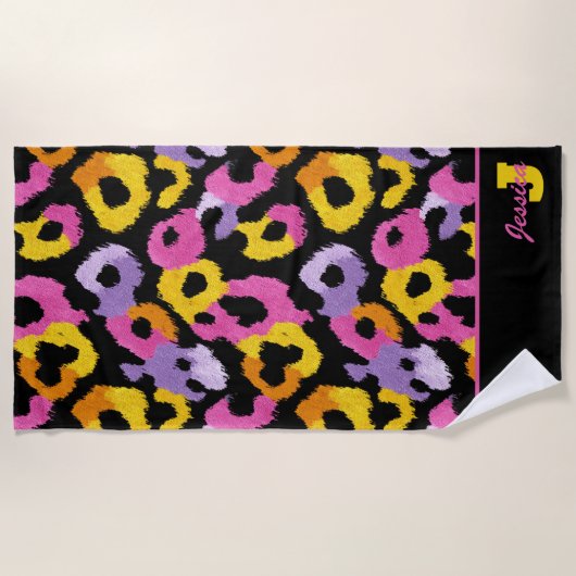 Kleurrijke Leopard Print Retro Glam Monogrammed Na Strandlaken (Voorkant)