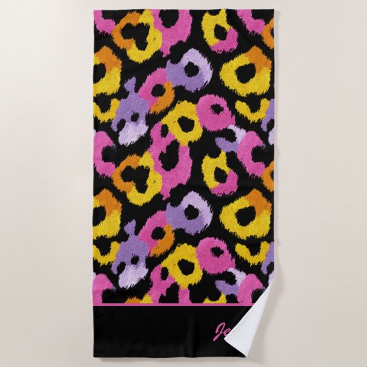 Kleurrijke Leopard Print Retro Glam Monogrammed Na Strandlaken (Voorkant)