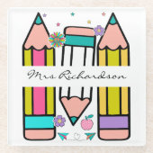 Kleurrijke leraar naam potlood cartoon glazen onderzetter (Voorkant)