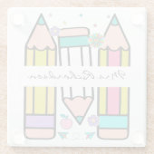 Kleurrijke leraar naam potlood cartoon glazen onderzetter (Achterkant)