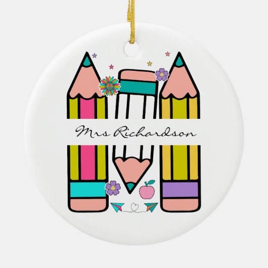 Kleurrijke leraar naam potlood cartoon keramisch ornament (Achterkant)